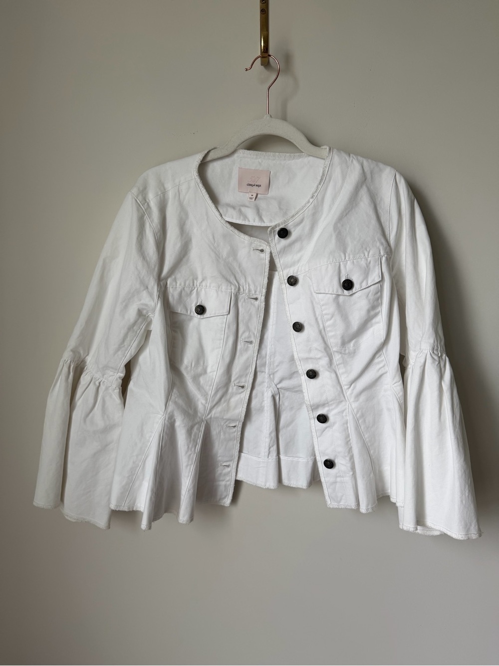 Cinq a Sept White cotton Denim Peplum Button up Jacket with bell sleeves